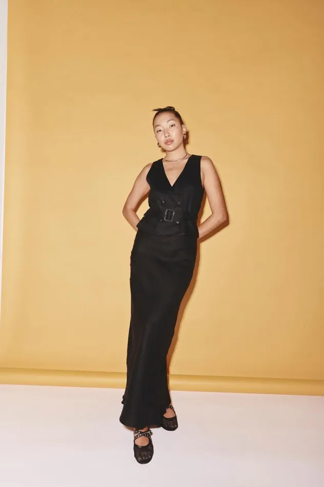 VRG GRL Ena Linen Bias Cut Maxi Skirt Black Women Skirts