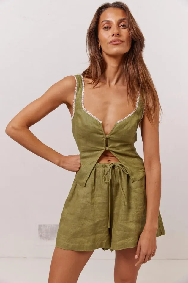 VRG GRL Love Language Linen Button Front Top Olive Women Sets