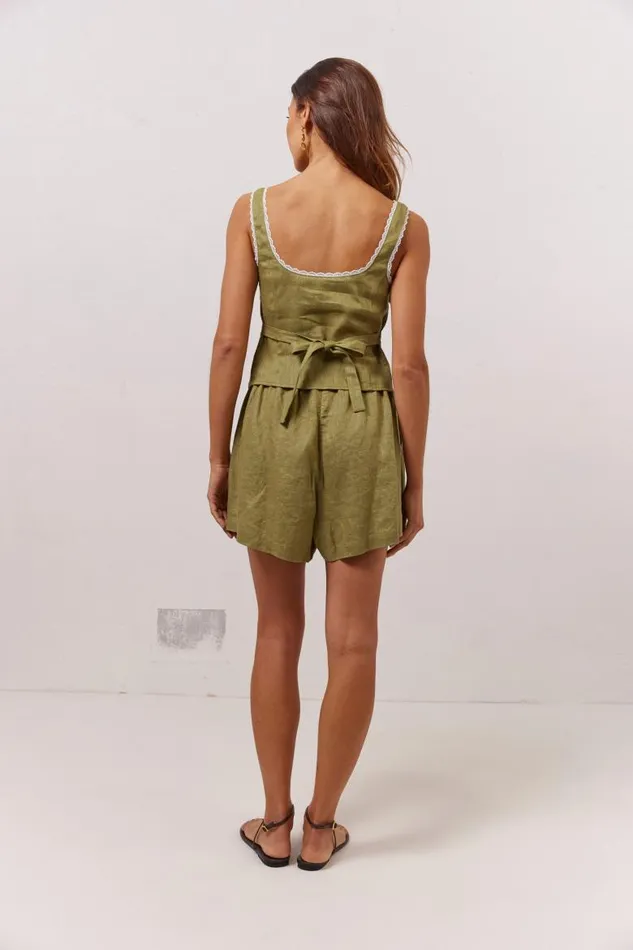 VRG GRL Love Language Linen Button Front Top Olive Women Sets