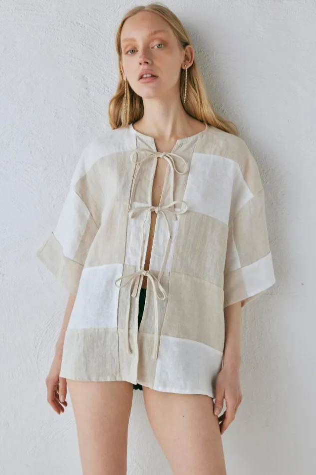 VRG GRL Naomi Linen Smock Top Natural Women Short Sleeve