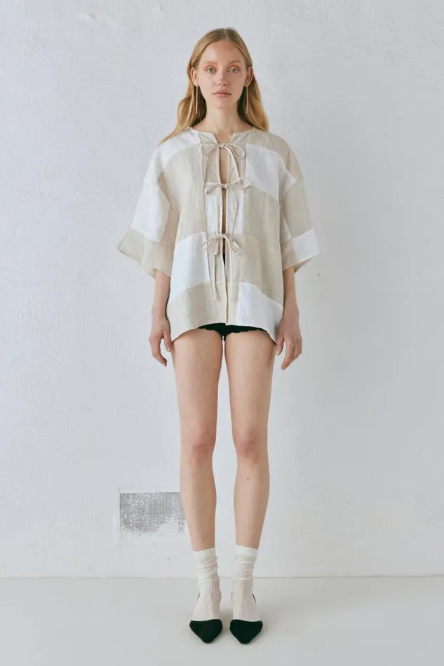 VRG GRL Naomi Linen Smock Top Natural Women Short Sleeve
