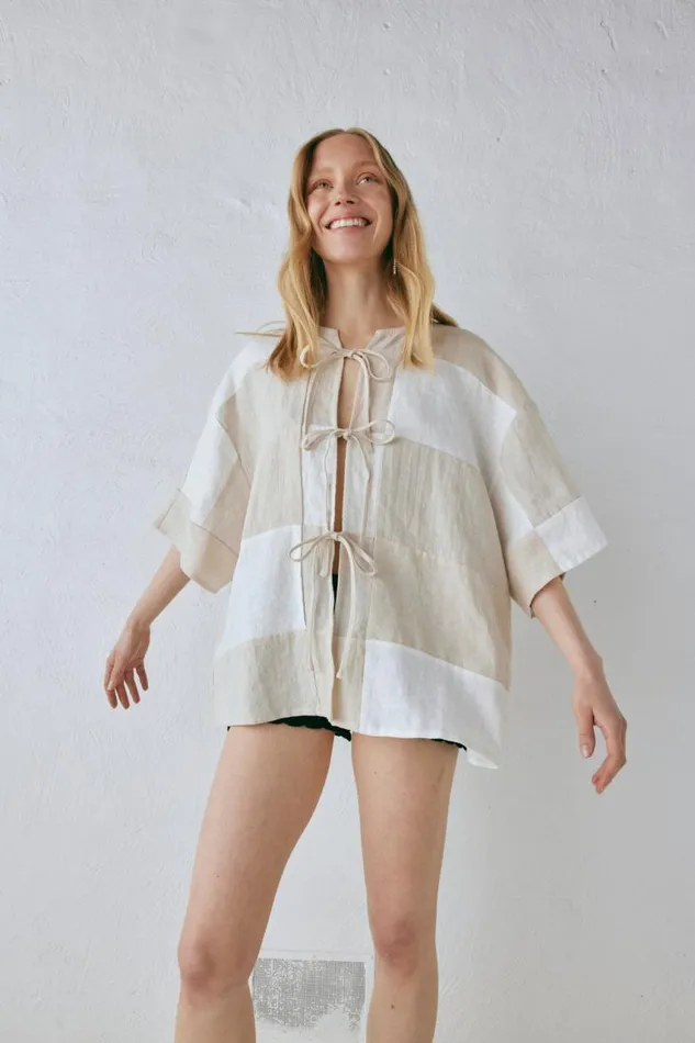 VRG GRL Naomi Linen Smock Top Natural Women Short Sleeve