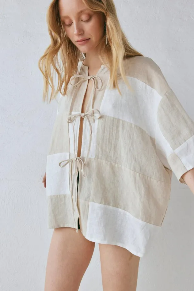 VRG GRL Naomi Linen Smock Top Natural Women Short Sleeve