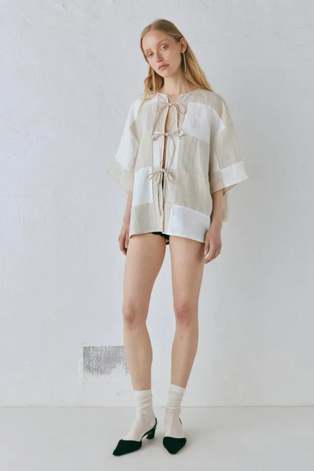 VRG GRL Naomi Linen Smock Top Natural Women Short Sleeve