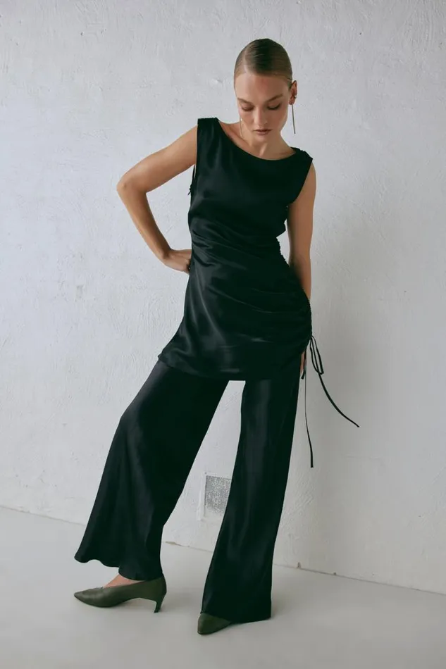 VRG GRL Rae Satin Pants Black Women Sets