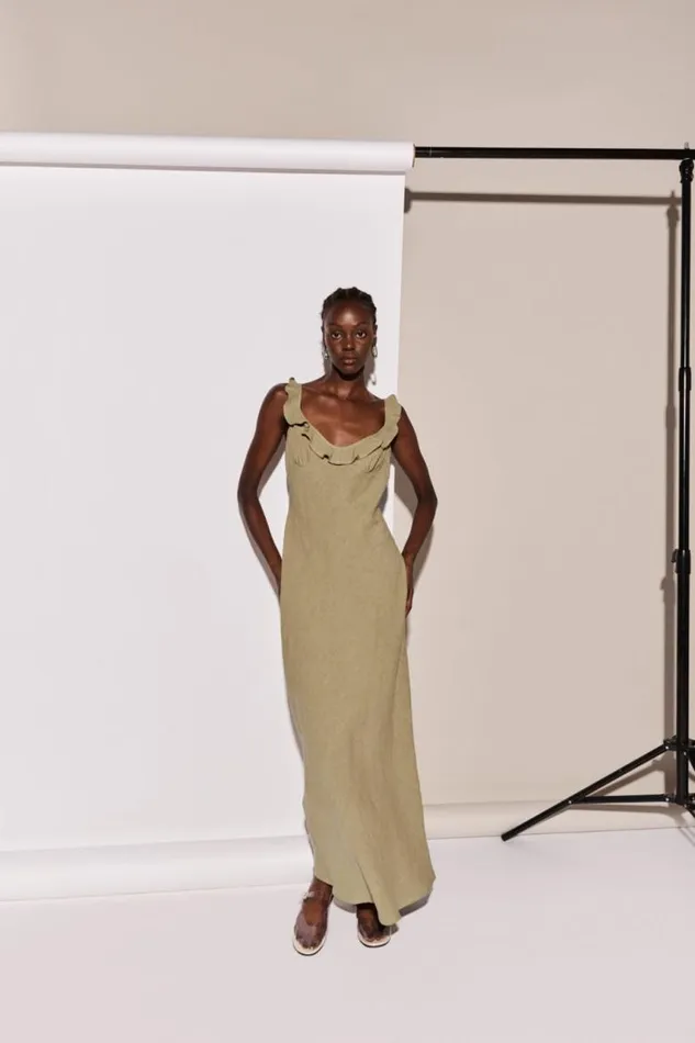 VRG GRL Rosalia Linen Bias Cut Maxi Dress Olive Women MidiMaxi Dresses