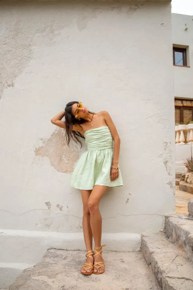 VRG GRL Saint Malo Linen Mini Dress Sage Women Mini Dresses
