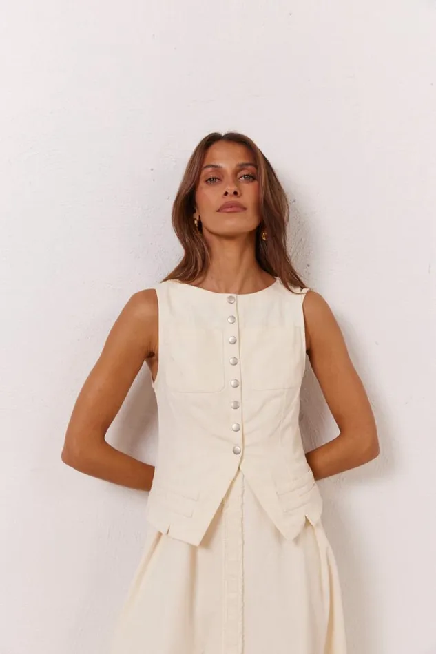 VRG GRL Suki Denim Vest Cream Women Sets