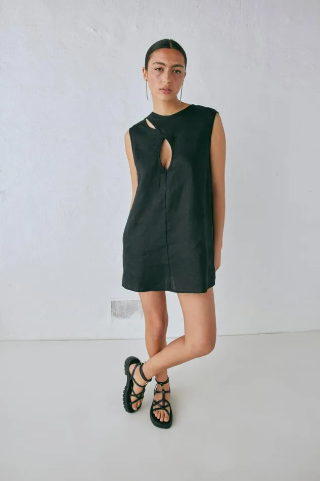 VRG GRL Yuri Linen Mini Dress Black Women Mini Dresses