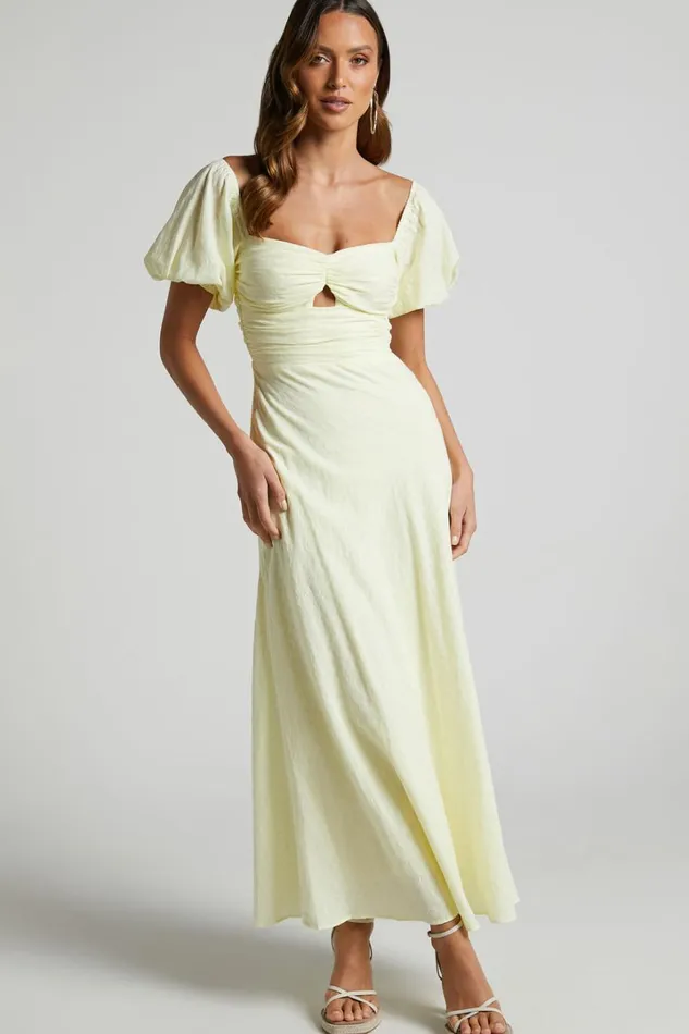 Vynna Midi Dress 8211 Scoop Neck Puff Sleeve Ruched Bust A Line Dress In Butter Yellow Women Showpo Dresses Vynna Midi Dress 8211 Scoop Neck Puff Sleeve Ruched Bust A Line Dress In Butter Yellow Women Showpo Dresses