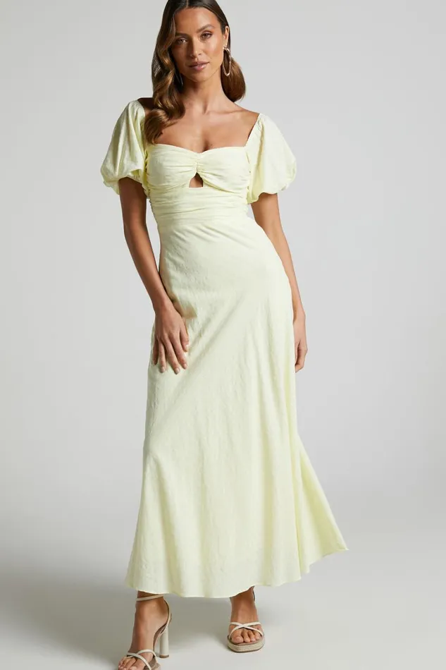 Vynna Midi Dress 8211 Scoop Neck Puff Sleeve Ruched Bust A Line Dress In Butter Yellow Women Showpo Dresses Vynna Midi Dress 8211 Scoop Neck Puff Sleeve Ruched Bust A Line Dress In Butter Yellow Women Showpo Dresses