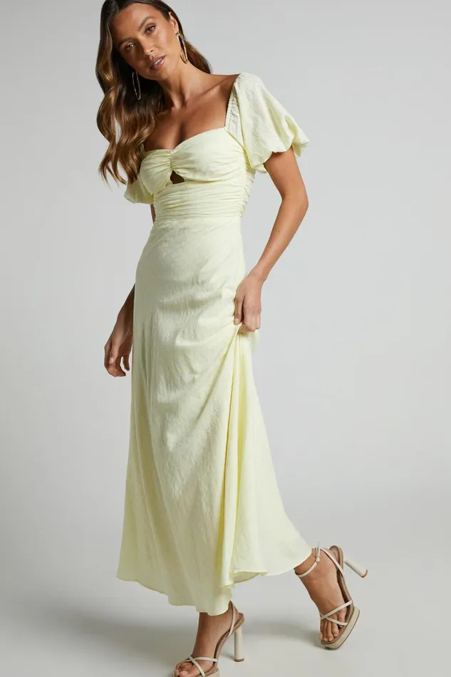 Vynna Midi Dress 8211 Scoop Neck Puff Sleeve Ruched Bust A Line Dress In Butter Yellow Women Showpo Dresses Vynna Midi Dress 8211 Scoop Neck Puff Sleeve Ruched Bust A Line Dress In Butter Yellow Women Showpo Dresses