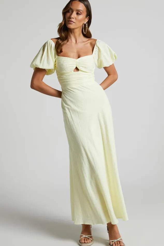 Vynna Midi Dress 8211 Scoop Neck Puff Sleeve Ruched Bust A Line Dress In Butter Yellow Women Showpo Dresses Vynna Midi Dress 8211 Scoop Neck Puff Sleeve Ruched Bust A Line Dress In Butter Yellow Women Showpo Dresses