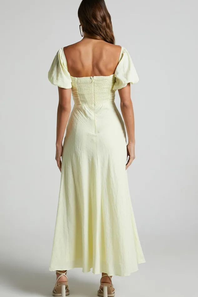 Vynna Midi Dress 8211 Scoop Neck Puff Sleeve Ruched Bust A Line Dress In Butter Yellow Women Showpo Dresses Vynna Midi Dress 8211 Scoop Neck Puff Sleeve Ruched Bust A Line Dress In Butter Yellow Women Showpo Dresses