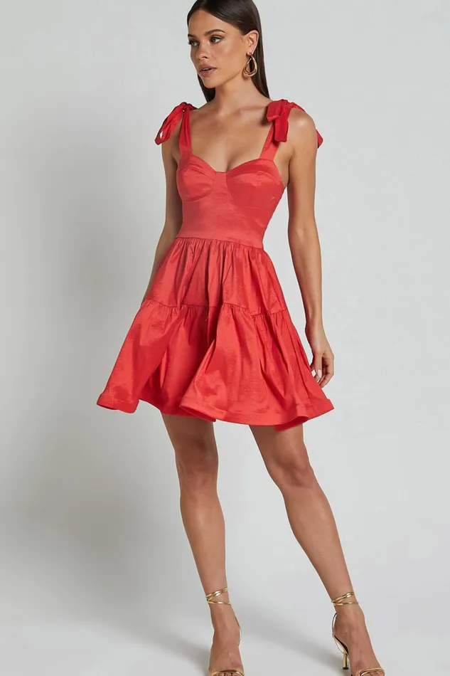 Wednesday Mini Dress 8211 Tie Shoulder Bustier Tiered Dress In Red Women Showpo Dresses