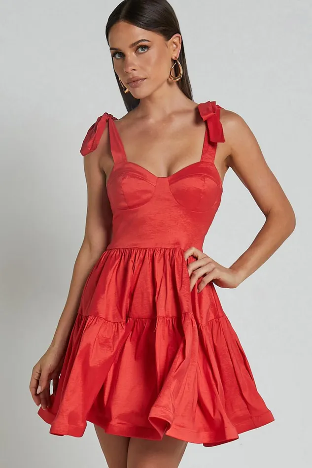 Wednesday Mini Dress 8211 Tie Shoulder Bustier Tiered Dress In Red Women Showpo Dresses