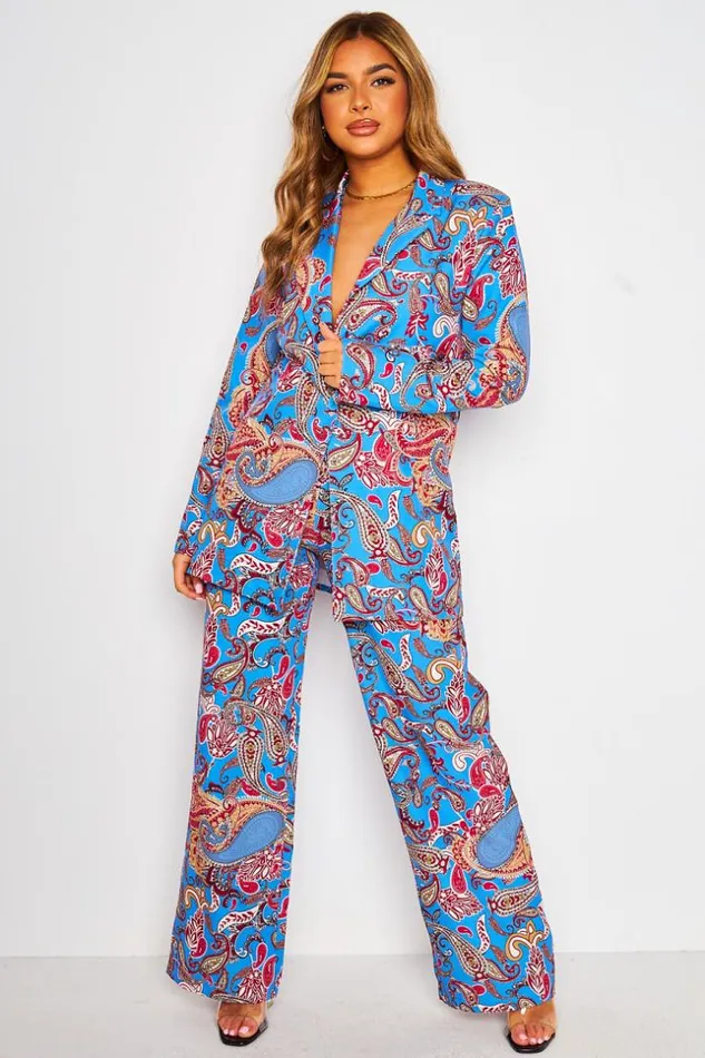 Women 2 Piece CoOrd Set Suit Blazer Belted Trousers In Blue Paisley Print Blue Brentiny Paris Pants Women 2 Piece CoOrd Set Suit Blazer Belted Trousers In Blue Paisley Print Blue Brentiny Paris Pants