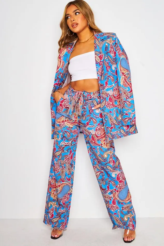 Women 2 Piece CoOrd Set Suit Blazer Belted Trousers In Blue Paisley Print Blue Brentiny Paris Pants