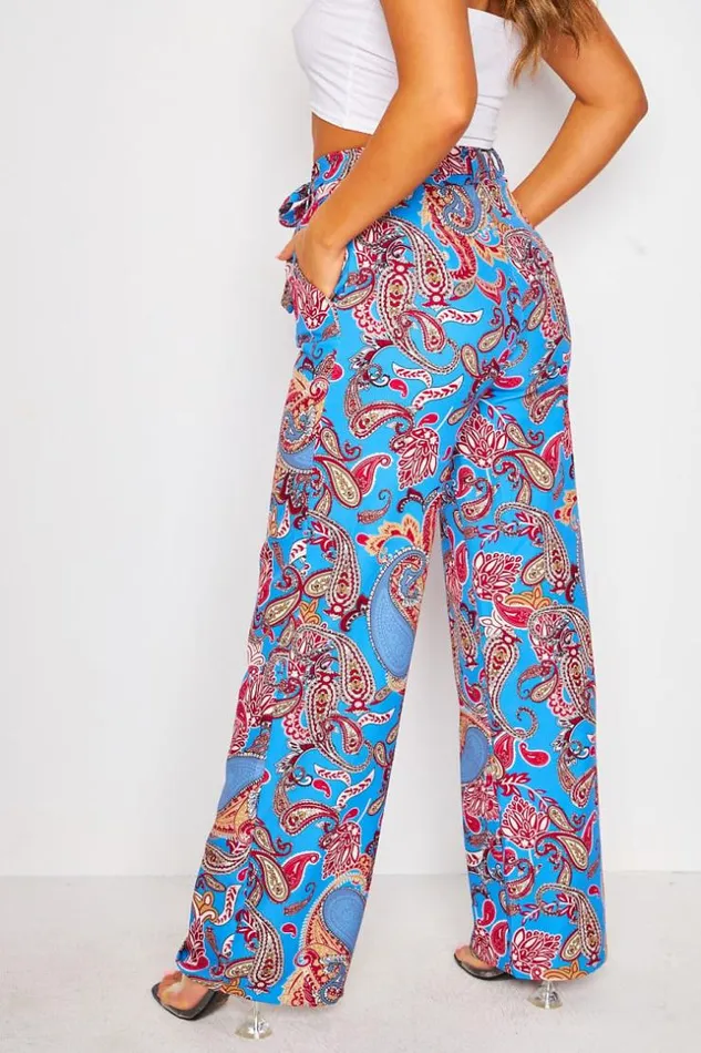 Women 2 Piece CoOrd Set Suit Blazer Belted Trousers In Blue Paisley Print Blue Brentiny Paris Pants