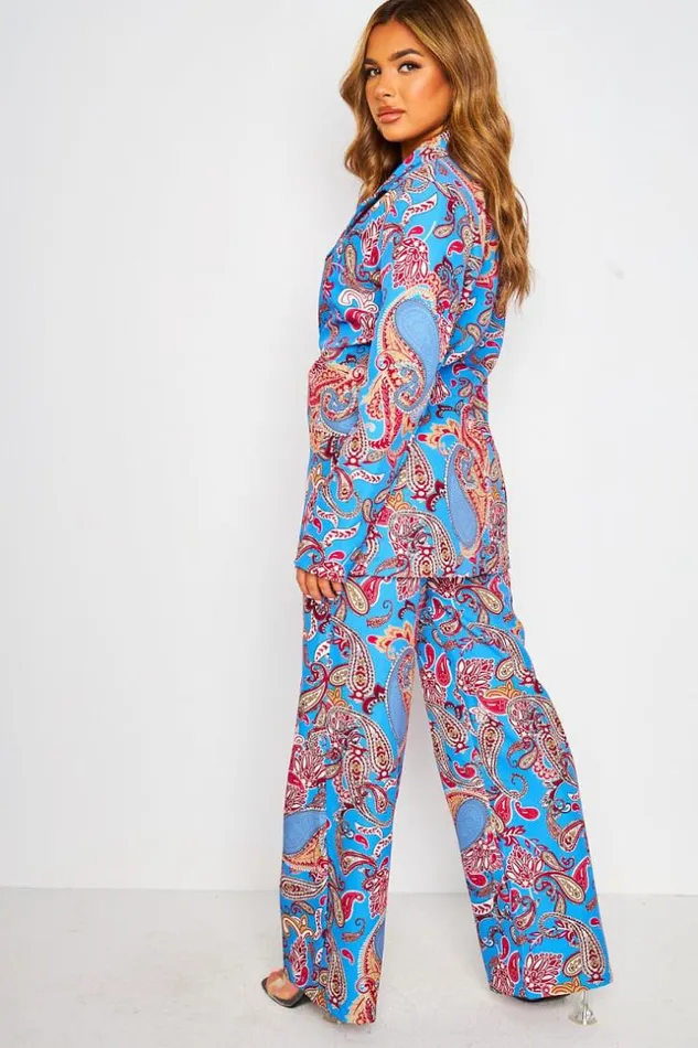 Women 2 Piece CoOrd Set Suit Blazer Belted Trousers In Blue Paisley Print Blue Brentiny Paris Pants