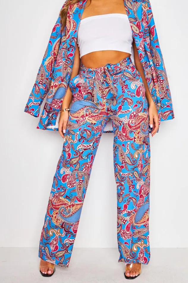 Women 2 Piece CoOrd Set Suit Blazer Belted Trousers In Blue Paisley Print Blue Brentiny Paris Pants