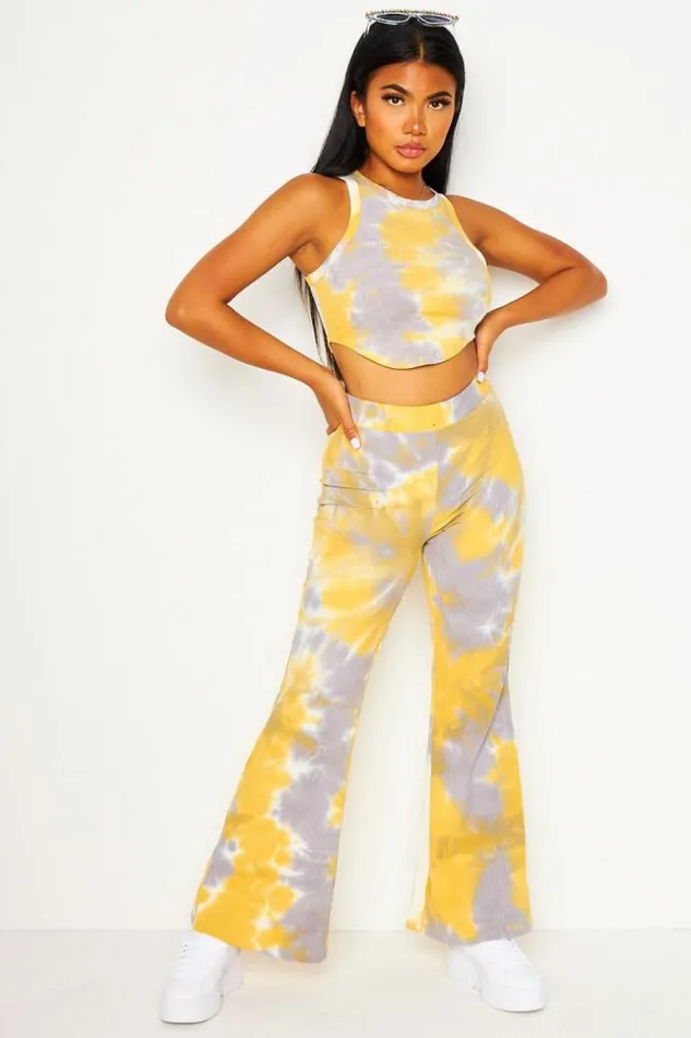Women 2 Piece CoOrd Set Tank Top Pants In Yellow And Grey Tie And Dye Print Yellow Brentiny Paris Lace Tops