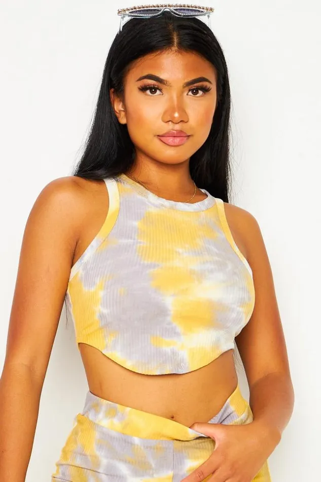 Women 2 Piece CoOrd Set Tank Top Pants In Yellow And Grey Tie And Dye Print Yellow Brentiny Paris Lace Tops