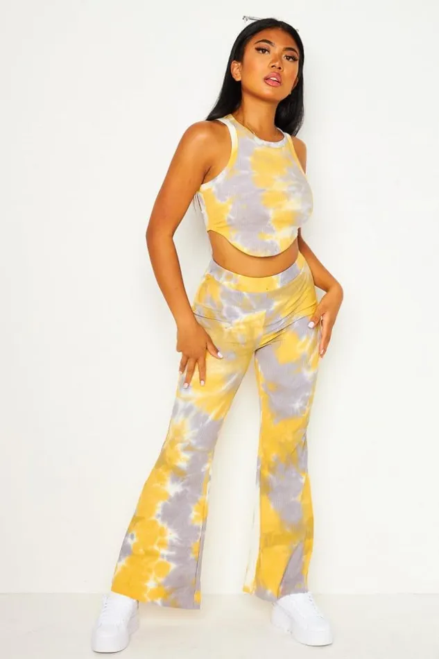 Women 2 Piece CoOrd Set Tank Top Pants In Yellow And Grey Tie And Dye Print Yellow Brentiny Paris Lace Tops