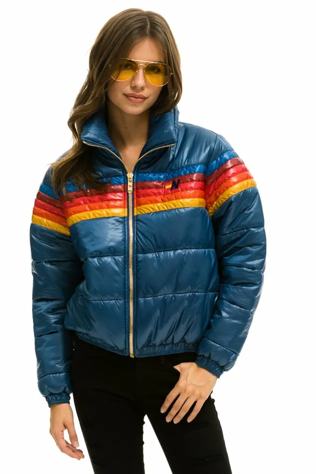 Women 5 STRIPE LUXE APRES PUFFER JACKET 8211 GLOSSY DARK BLUE Aviator Nation Outerwear Women 5 STRIPE LUXE APRES PUFFER JACKET 8211 GLOSSY DARK BLUE Aviator Nation Outerwear