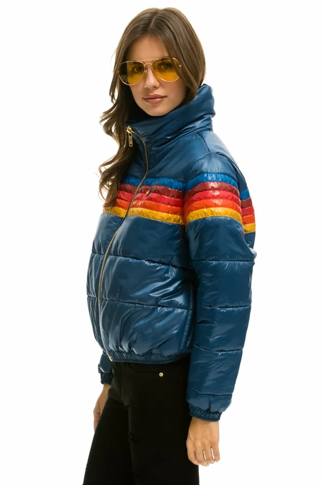 Women 5 STRIPE LUXE APRES PUFFER JACKET 8211 GLOSSY DARK BLUE Aviator Nation Outerwear Women 5 STRIPE LUXE APRES PUFFER JACKET 8211 GLOSSY DARK BLUE Aviator Nation Outerwear