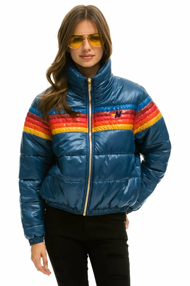 Women 5 STRIPE LUXE APRES PUFFER JACKET 8211 GLOSSY DARK BLUE Aviator Nation Outerwear Women 5 STRIPE LUXE APRES PUFFER JACKET 8211 GLOSSY DARK BLUE Aviator Nation Outerwear