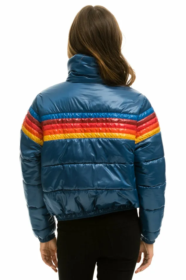Women 5 STRIPE LUXE APRES PUFFER JACKET 8211 GLOSSY DARK BLUE Aviator Nation Outerwear Women 5 STRIPE LUXE APRES PUFFER JACKET 8211 GLOSSY DARK BLUE Aviator Nation Outerwear