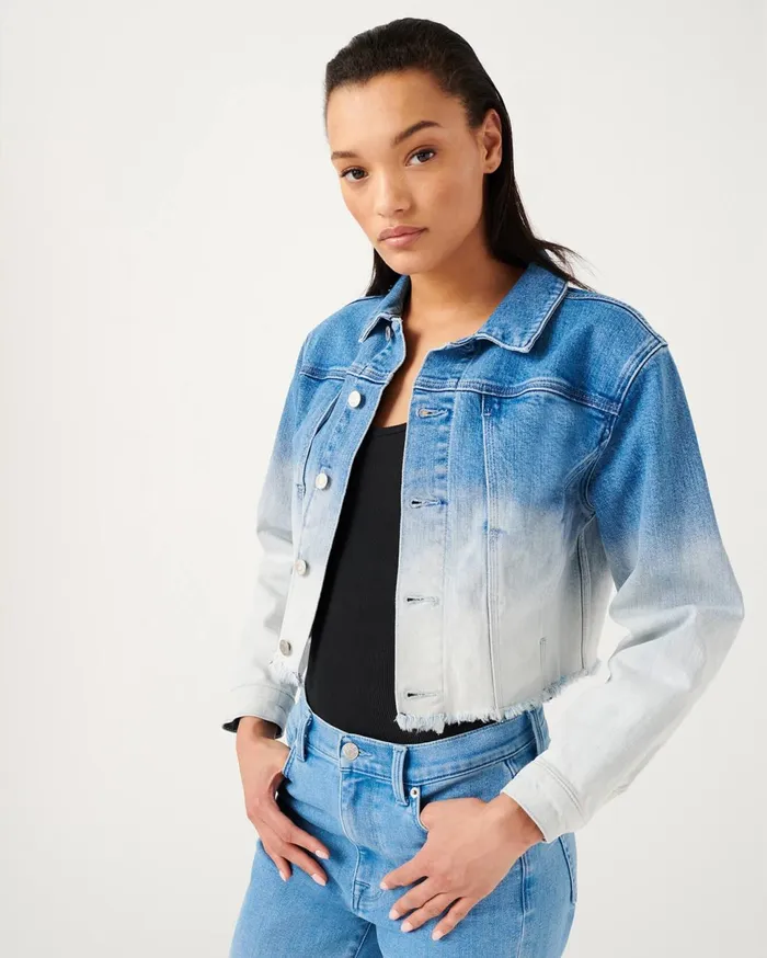 Women 7 For All Mankind Jackets 038 Coats Fray Hem Triple Needle Stitch Jacket In Indigo Ombre Sunny