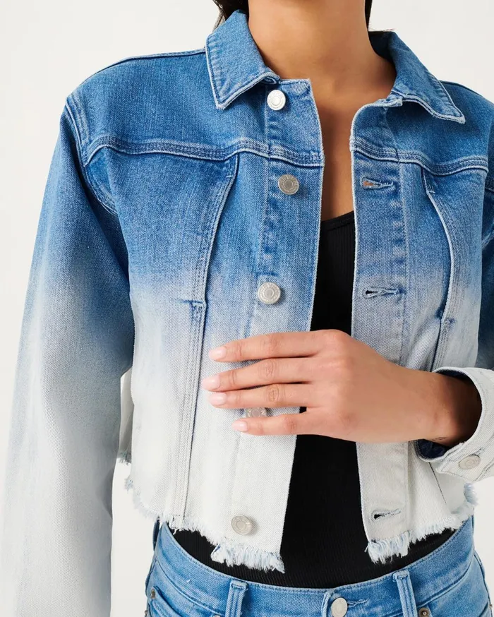 Women 7 For All Mankind Jackets 038 Coats Fray Hem Triple Needle Stitch Jacket In Indigo Ombre Sunny