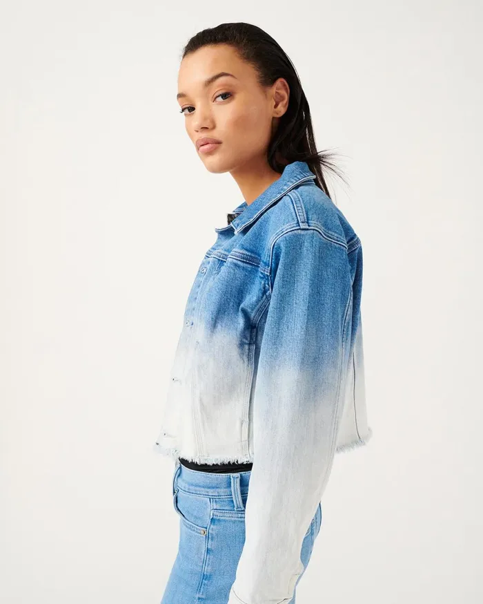 Women 7 For All Mankind Jackets 038 Coats Fray Hem Triple Needle Stitch Jacket In Indigo Ombre Sunny