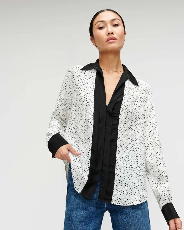Women 7 For All Mankind Tops Colorblock Collared Shirt In Mini Triangle Print