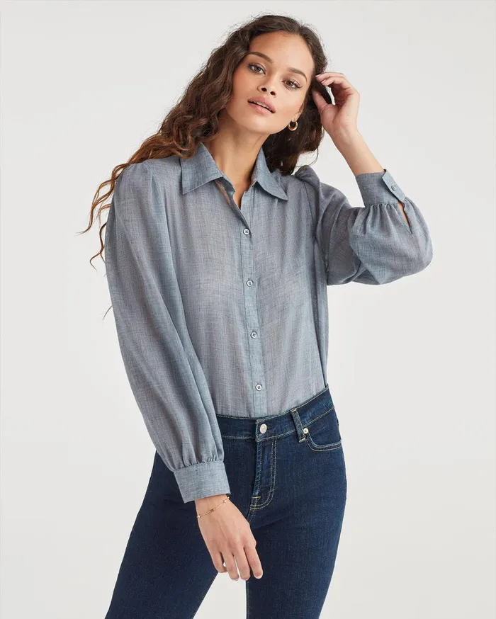 Women 7 For All Mankind Tops Puff Sleeve Button Up Shirt In Blue Haze