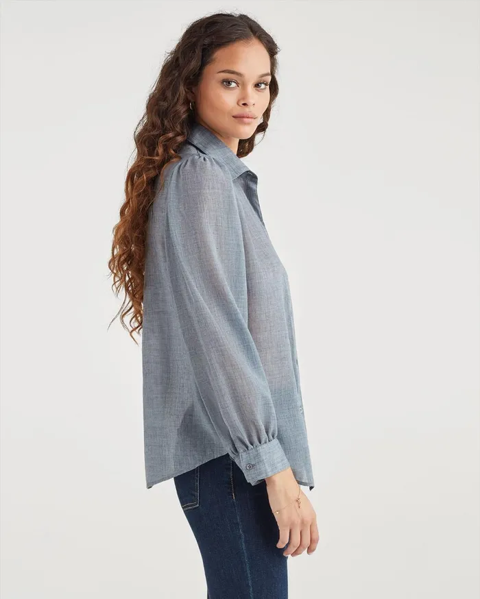 Women 7 For All Mankind Tops Puff Sleeve Button Up Shirt In Blue Haze