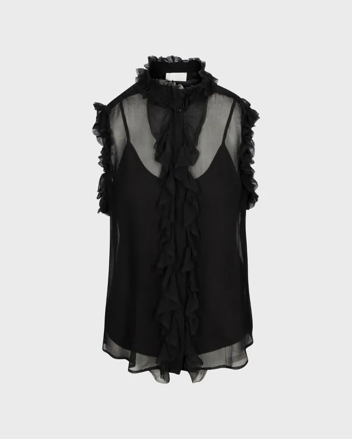 Women 7 For All Mankind Tops Ruffle Neck Sleeveless Top In Black