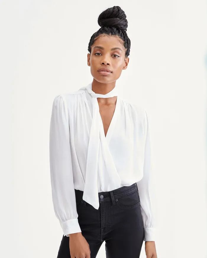 Women 7 For All Mankind Tops Tie Neck Twist Front Blouse In Optic White