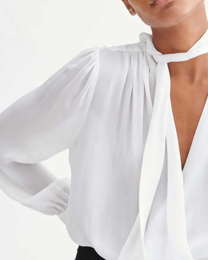 Women 7 For All Mankind Tops Tie Neck Twist Front Blouse In Optic White