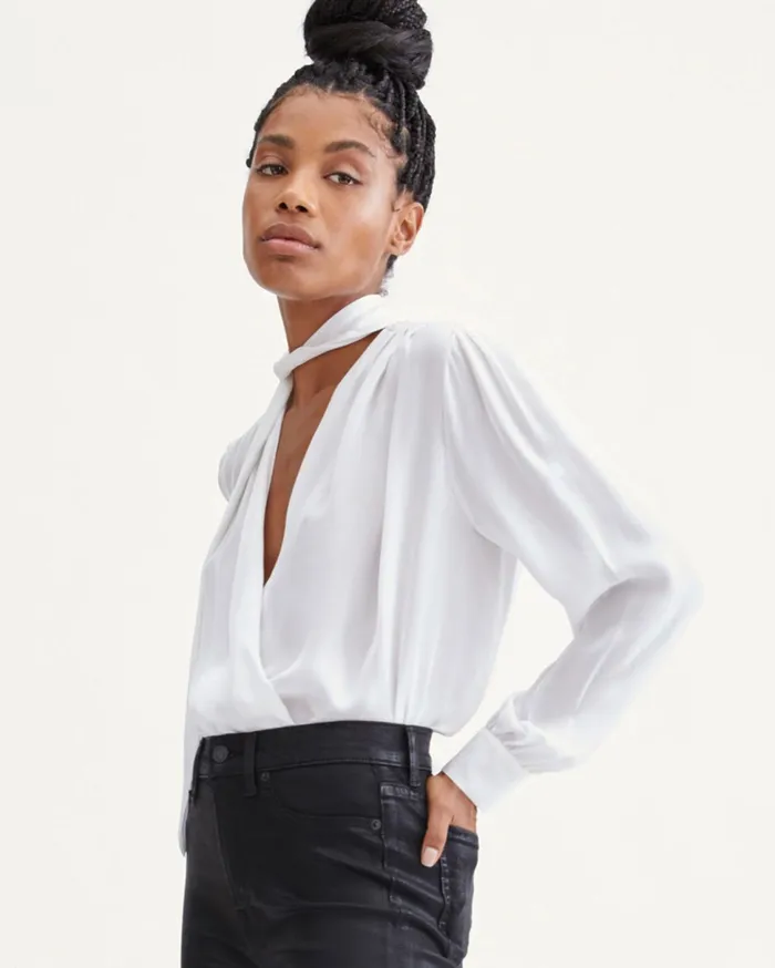 Women 7 For All Mankind Tops Tie Neck Twist Front Blouse In Optic White