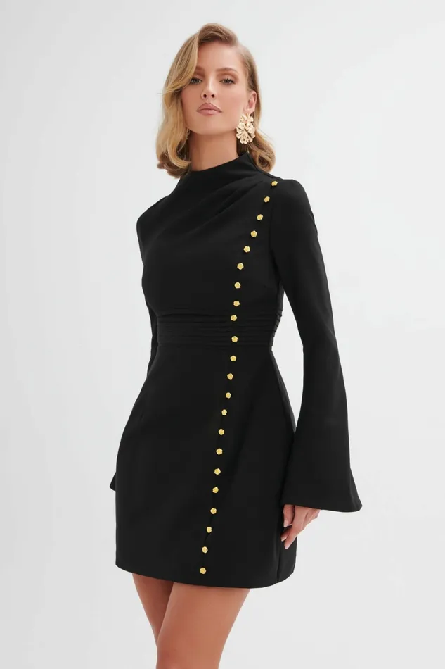 Women ALine Dresses Lavish Alice GEMMA High Neck Rose Button Long Sleeve Mini Dress In Black Black
