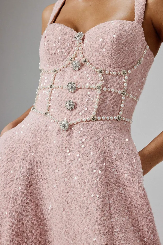 Women ALine Dresses Lavish Alice KIRA Pearl Embellished Boucle A Line Dress In Pink Pink