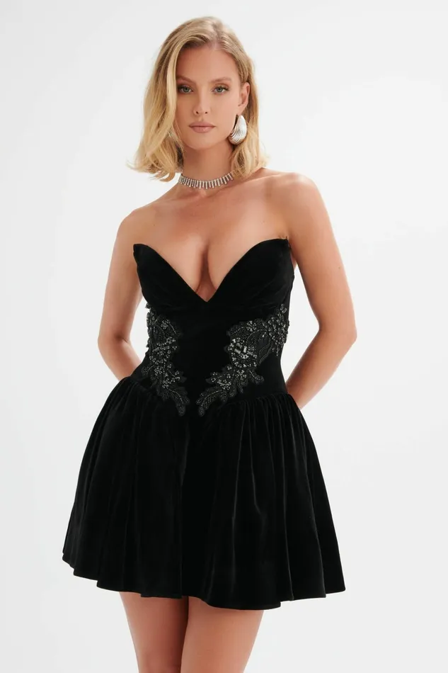 Women ALine Dresses Lavish Alice SELENA Jewelled Applique Velvet Mini Dress In Black Black