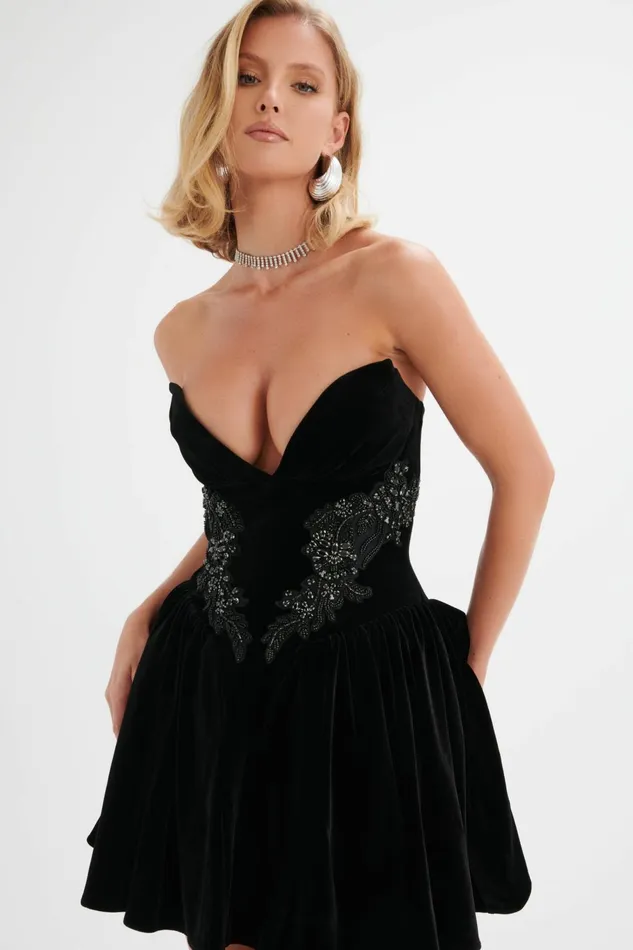 Women ALine Dresses Lavish Alice SELENA Jewelled Applique Velvet Mini Dress In Black Black