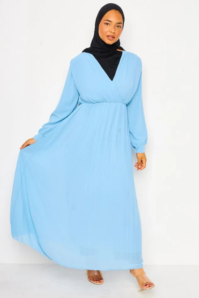 Women Abaya Pleated Maxi Dress With VNeck In Light Blue Bleuclair Brentiny Paris Collection Ramadan Women Abaya Pleated Maxi Dress With VNeck In Light Blue Bleuclair Brentiny Paris Collection Ramadan