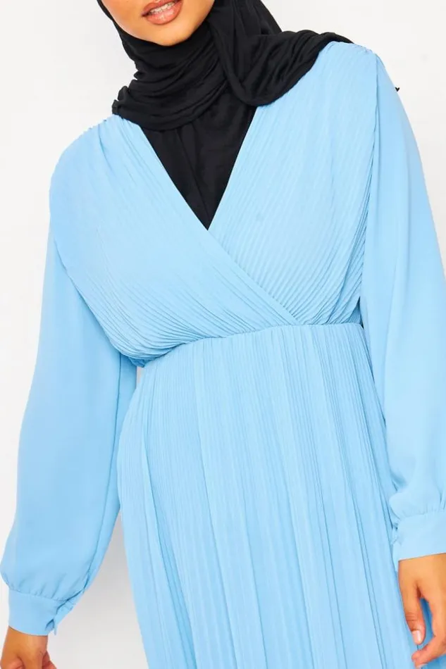 Women Abaya Pleated Maxi Dress With VNeck In Light Blue Bleuclair Brentiny Paris Collection Ramadan