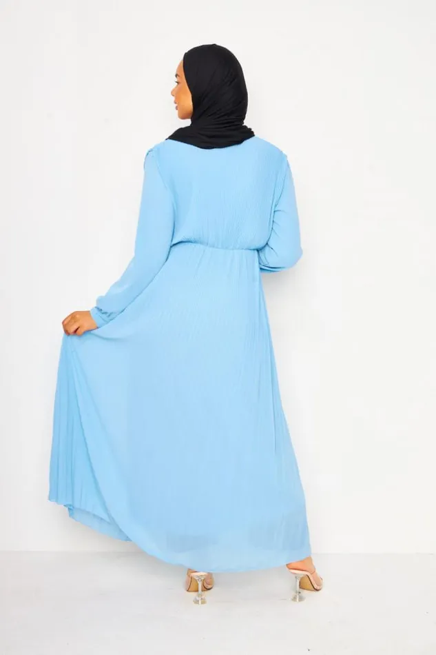 Women Abaya Pleated Maxi Dress With VNeck In Light Blue Bleuclair Brentiny Paris Collection Ramadan