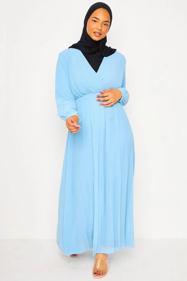 Women Abaya Pleated Maxi Dress With VNeck In Light Blue Bleuclair Brentiny Paris Collection Ramadan